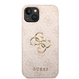 Apple iPhone 15 Kılıf Guess PU Deri 4G Metal Logolu Desenli Kapak Pembe