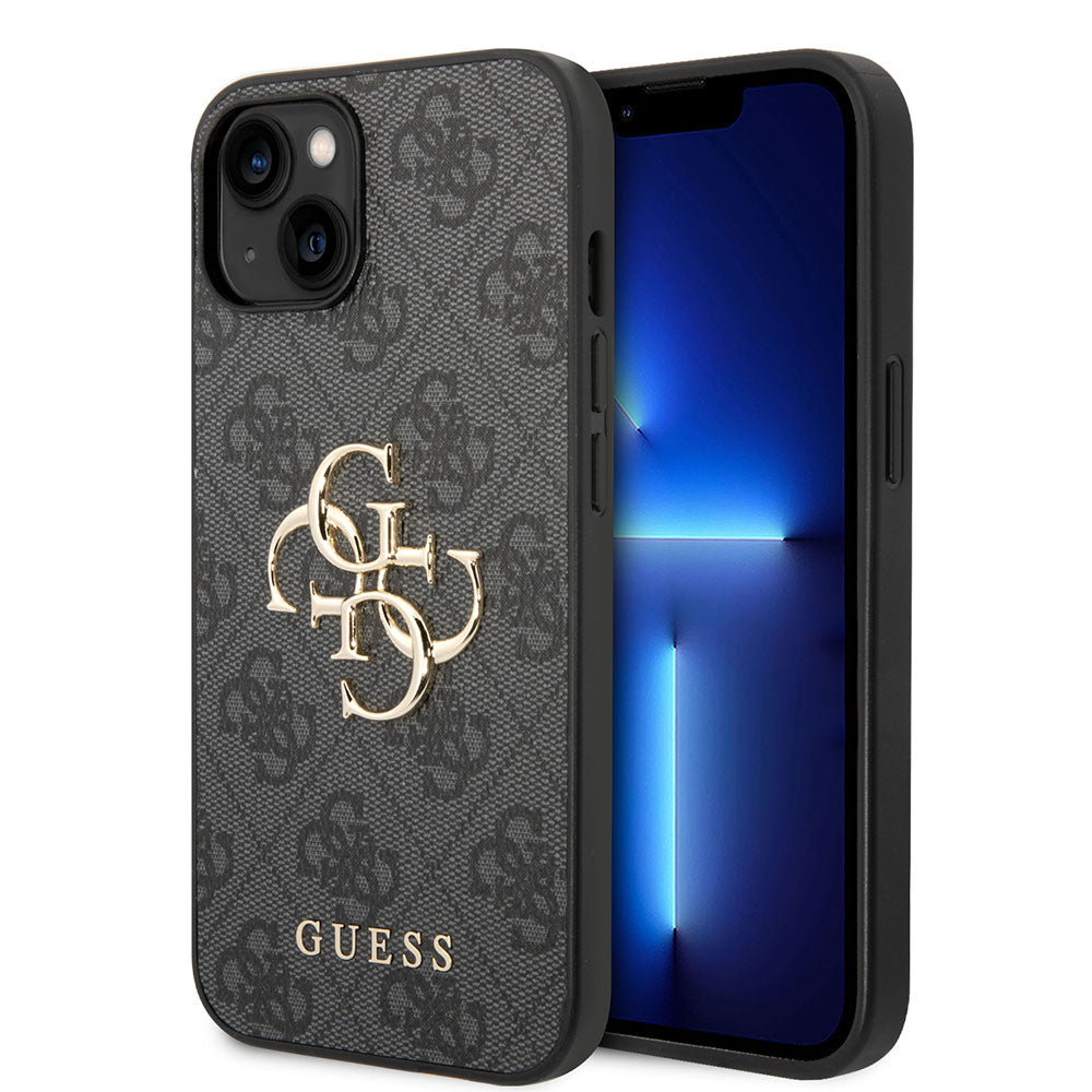 Apple iPhone 15 Plus Kılıf Guess PU Deri 4G Metal Logolu Desenli Kapak Siyah