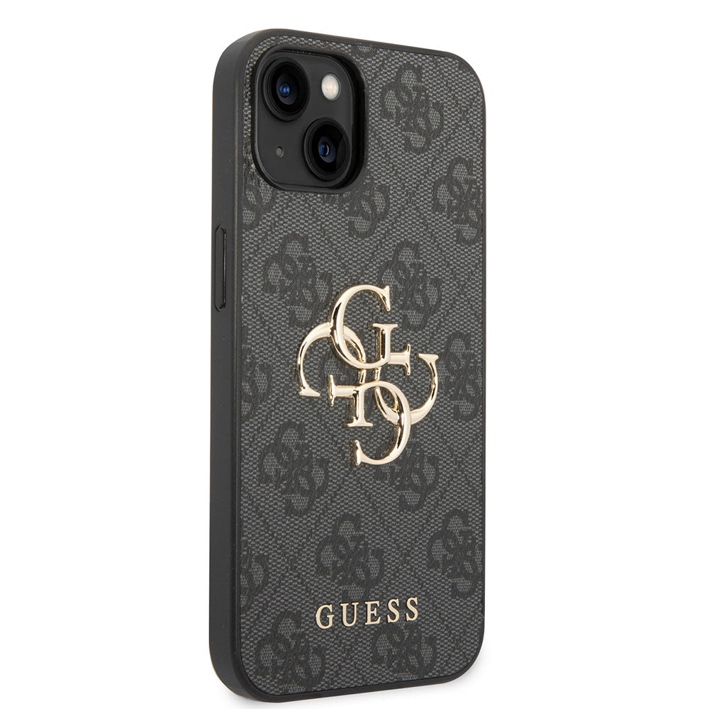 Apple iPhone 15 Plus Kılıf Guess PU Deri 4G Metal Logolu Desenli Kapak Siyah