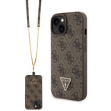 Apple iPhone 15 Kılıf Guess PU Deri Askılı Strass Crossbody Kapak Kahverengi
