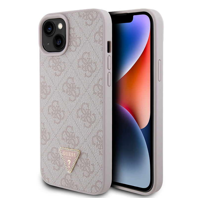 Apple iPhone 15 Plus Kılıf Guess PU Deri Taşlı Üçgen Logo 4G Desenli Kapak Pembe