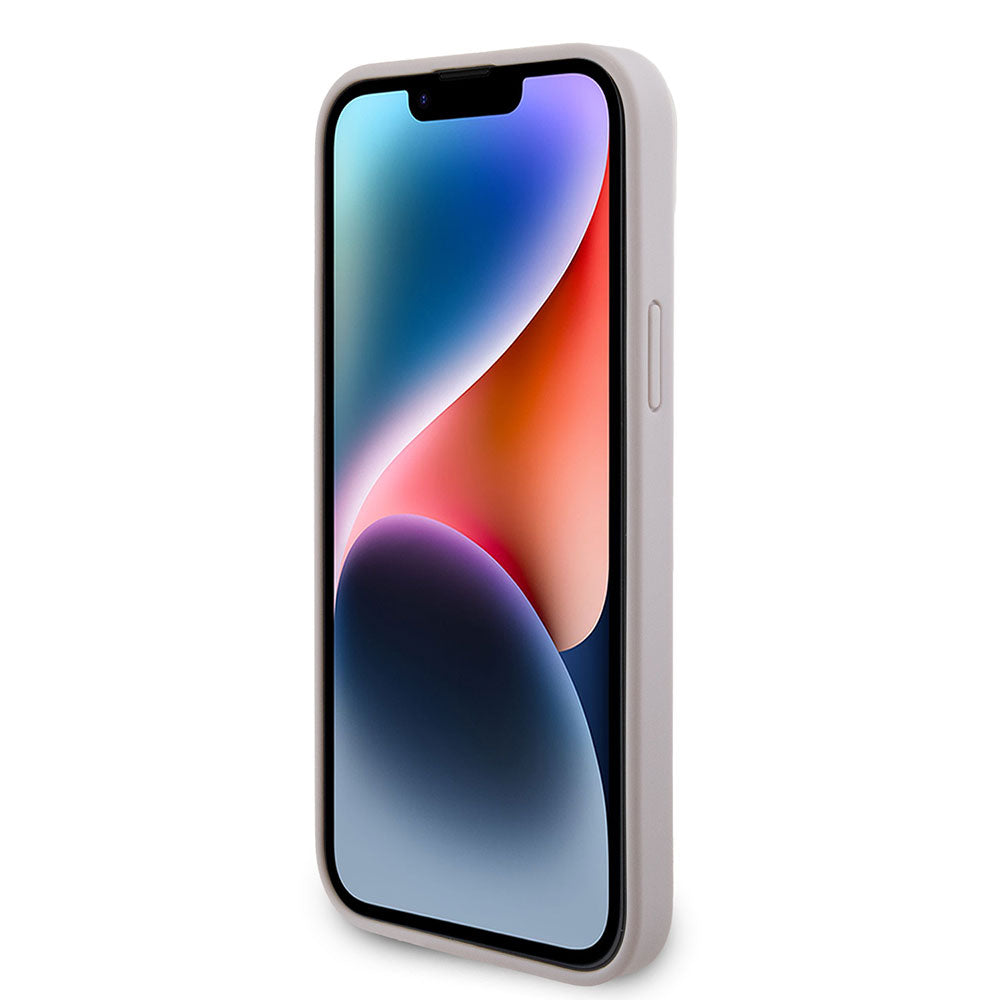 Apple iPhone 15 Plus Kılıf Guess PU Deri Taşlı Üçgen Logo 4G Desenli Kapak Pembe