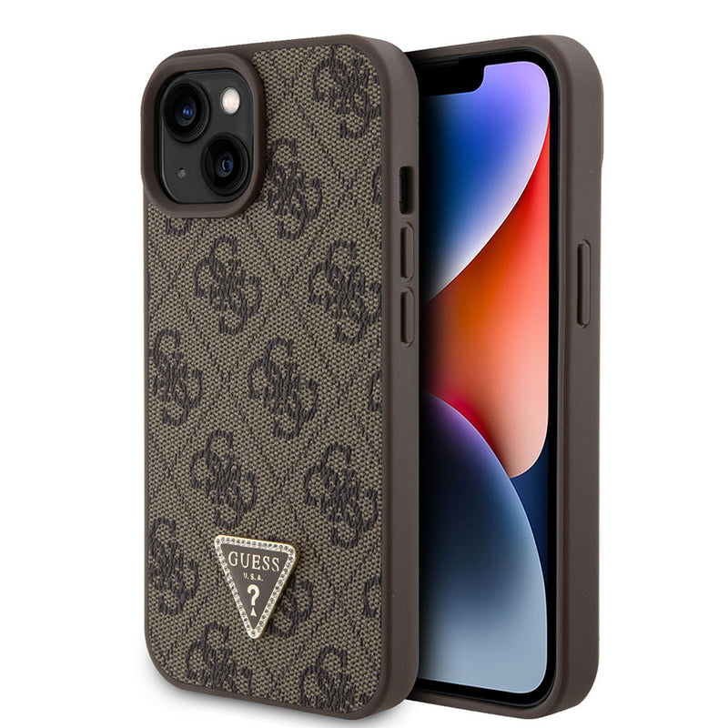 Apple iPhone 15 Kılıf Guess PU Deri Taşlı Üçgen Logolu 4G Desenli Strass Kapak Kahverengi