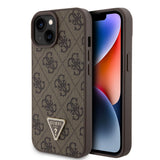 Apple iPhone 15 Kılıf Guess PU Deri Taşlı Üçgen Logolu 4G Desenli Strass Kapak Kahverengi