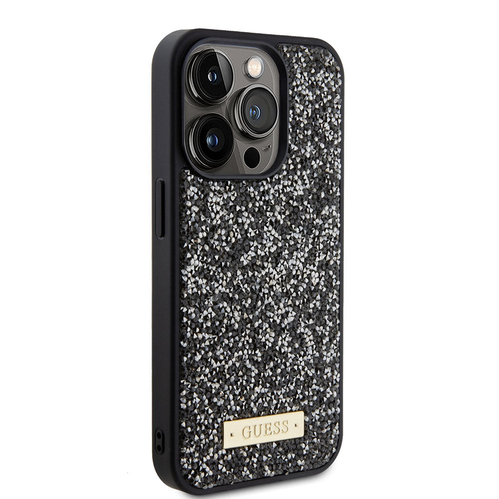 Apple iPhone 15 Pro Kılıf Guess Taşlı Metal Logolu Kapak Siyah