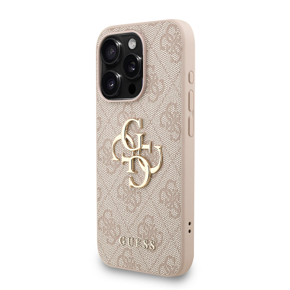 Apple iPhone 15 Pro Kılıf Guess Bilek Askı İpli Kapak Metal Büyük 4G ve Yazı Logolu Pembe