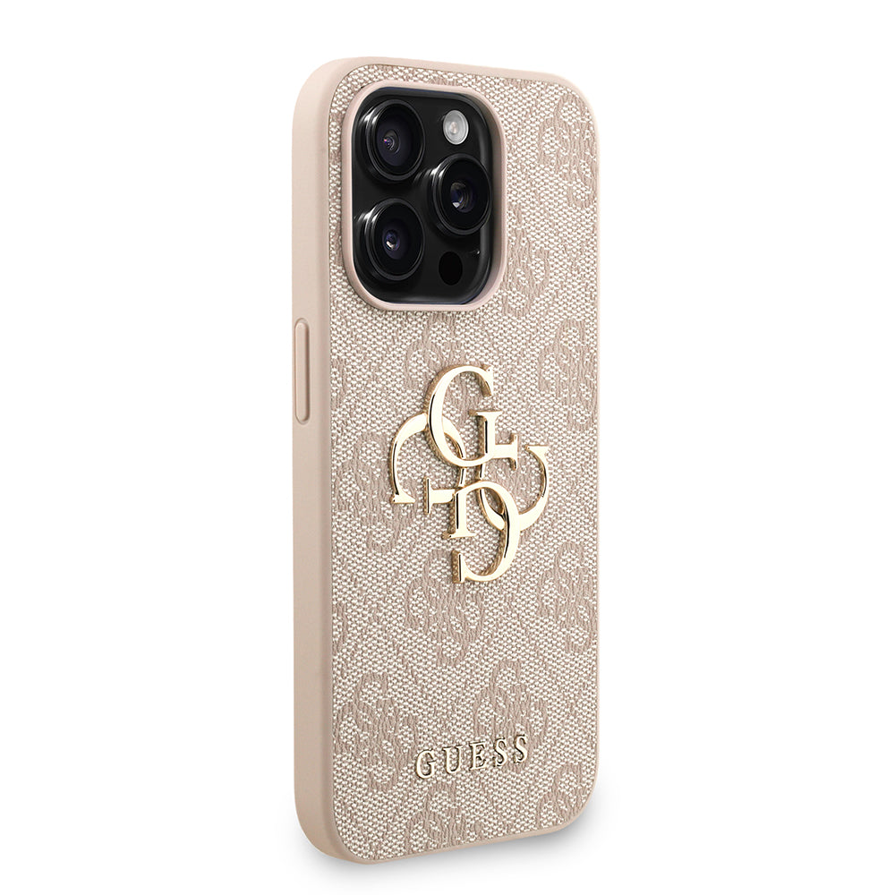 Apple iPhone 15 Pro Kılıf Guess Bilek Askı İpli Kapak Metal Büyük 4G ve Yazı Logolu Pembe