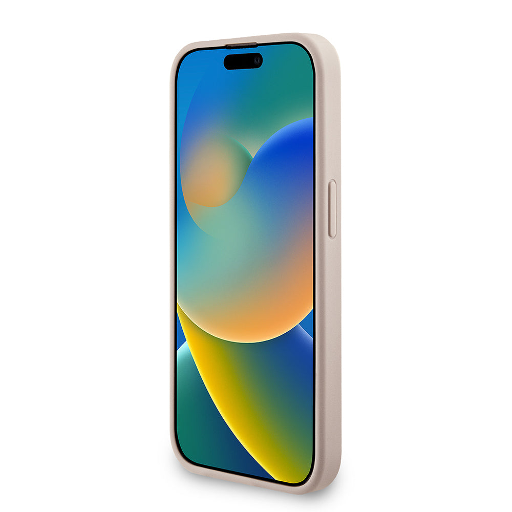 Apple iPhone 15 Pro Kılıf Guess Bilek Askı İpli Kapak Metal Büyük 4G ve Yazı Logolu Pembe