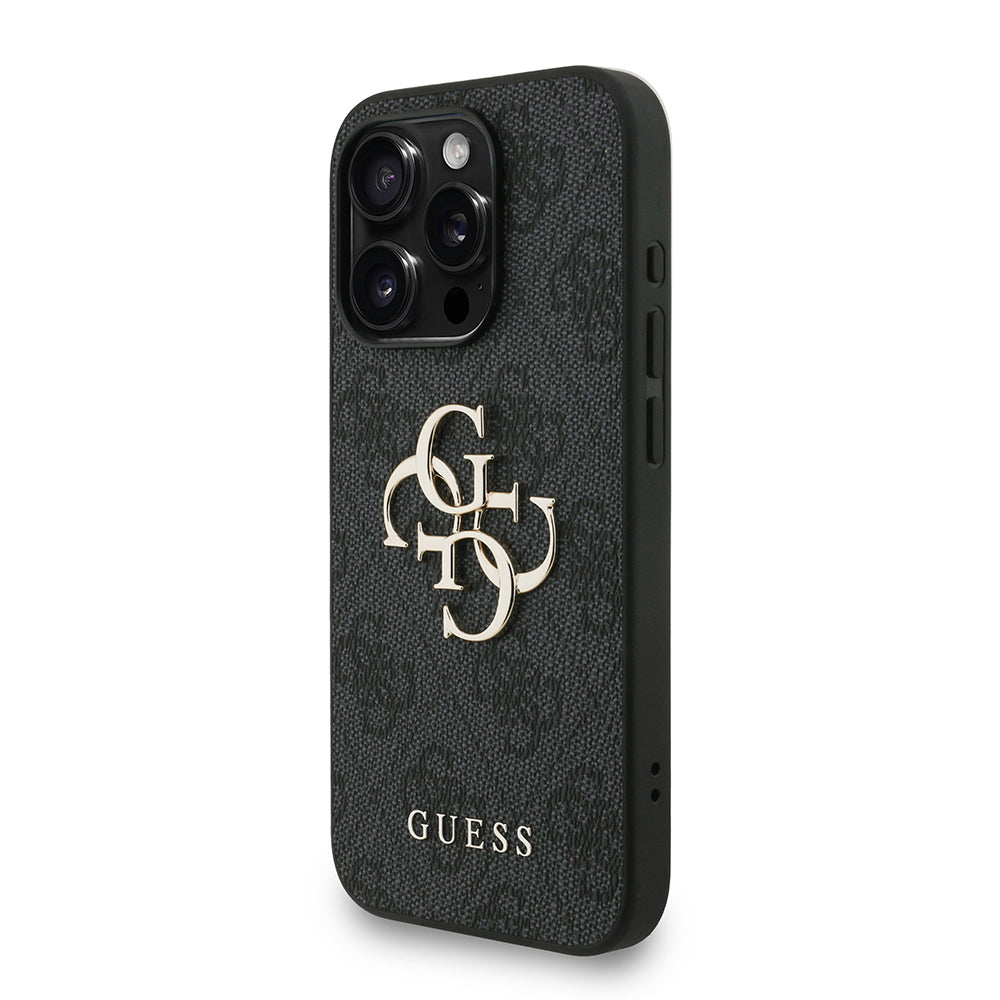 Apple iPhone 15 Pro Kılıf Guess Bilek Askı İpli Kapak Metal Büyük 4G ve Yazı Logolu Siyah