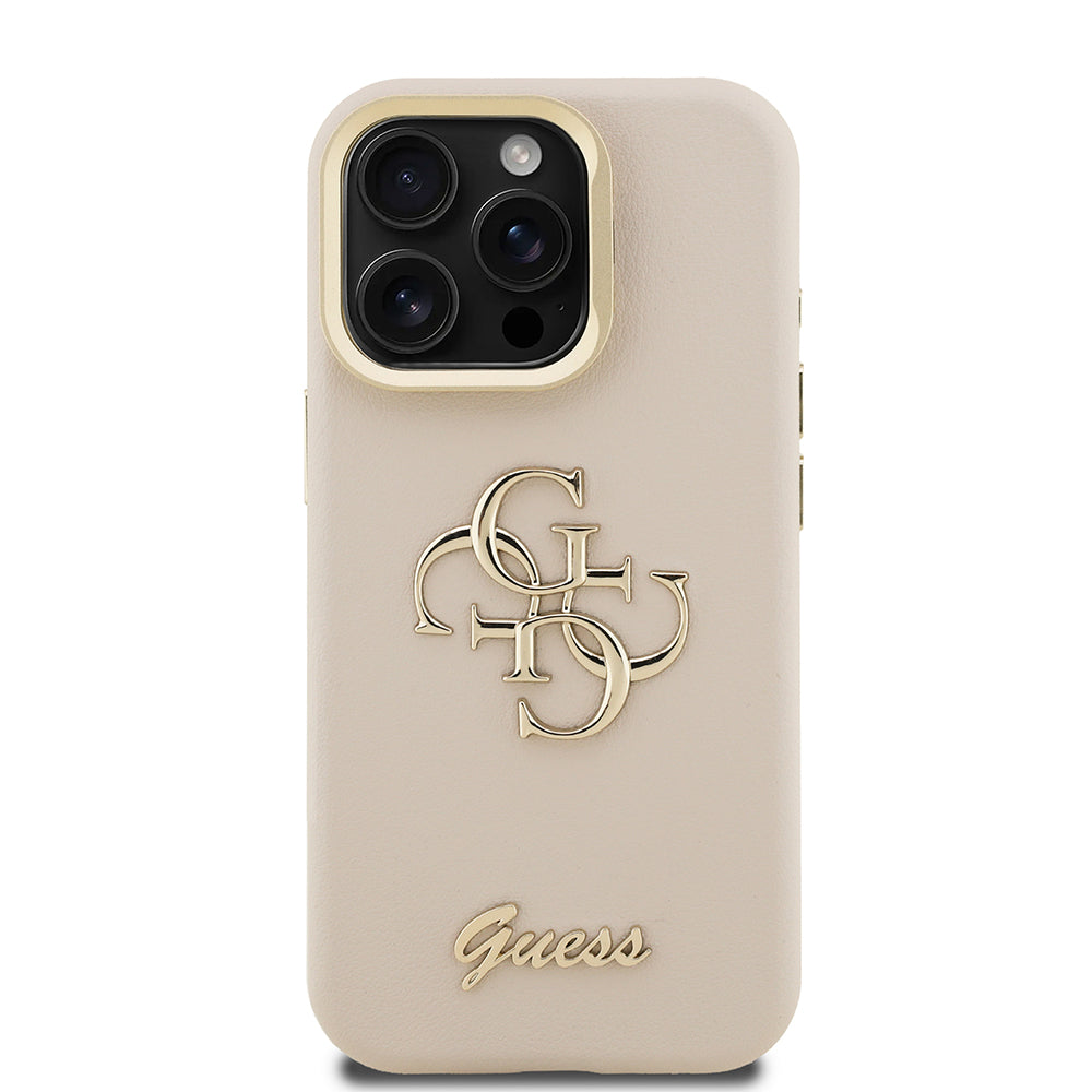 Apple iPhone 15 Pro Kılıf Guess Kamera Standlı Grained Yazı Logolu Kapak Bej