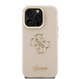 Apple iPhone 15 Pro Kılıf Guess Kamera Standlı Grained Yazı Logolu Kapak Bej