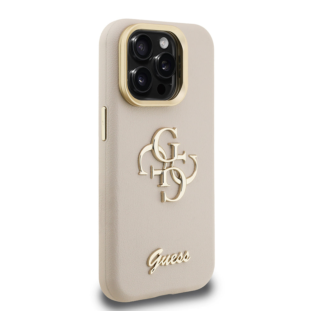Apple iPhone 15 Pro Kılıf Guess Kamera Standlı Grained Yazı Logolu Kapak Bej