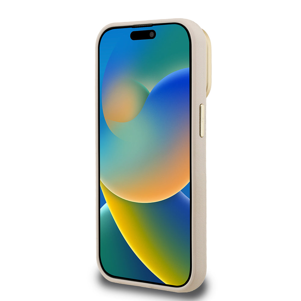 Apple iPhone 15 Pro Kılıf Guess Kamera Standlı Grained Yazı Logolu Kapak Bej