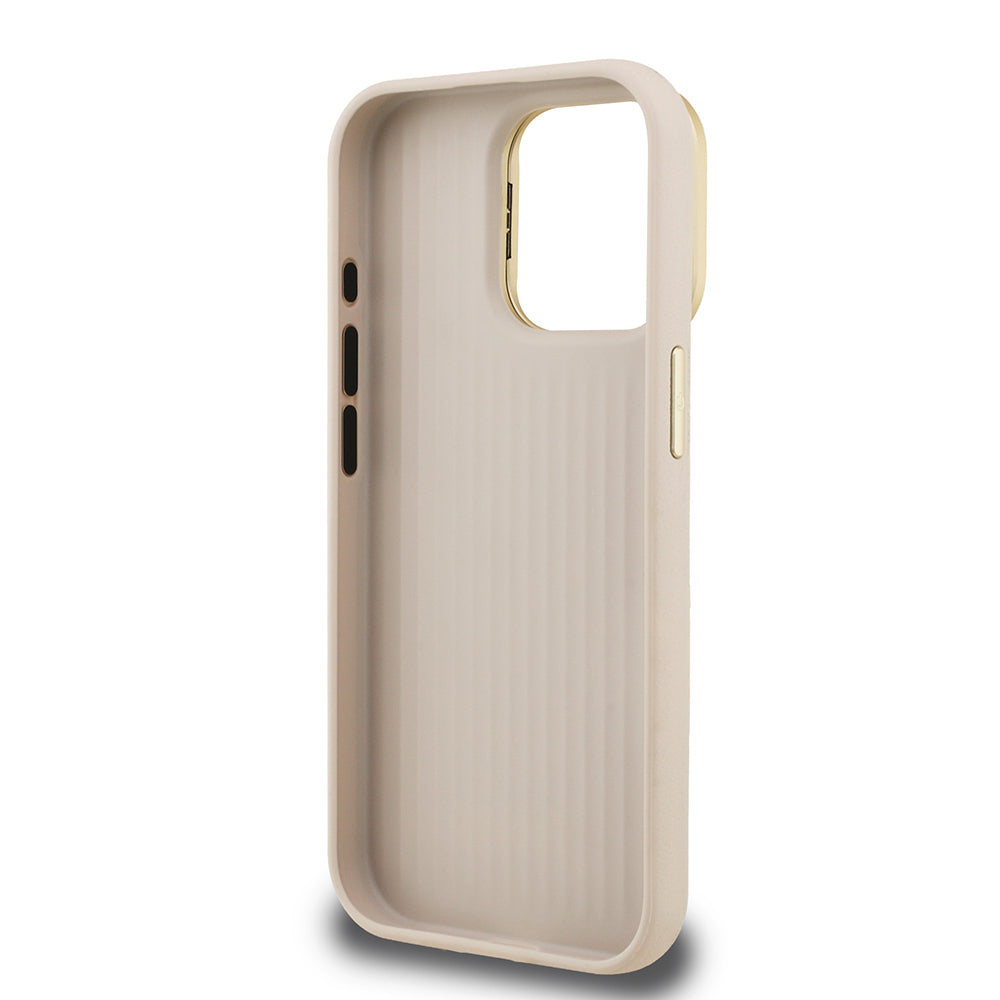 Apple iPhone 15 Pro Kılıf Guess Kamera Standlı Grained Yazı Logolu Kapak Bej
