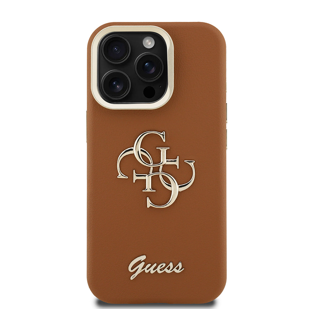 Apple iPhone 15 Pro Kılıf Guess Kamera Standlı Grained Yazı Logolu Kapak Kahverengi