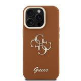 Apple iPhone 15 Pro Kılıf Guess Kamera Standlı Grained Yazı Logolu Kapak Kahverengi