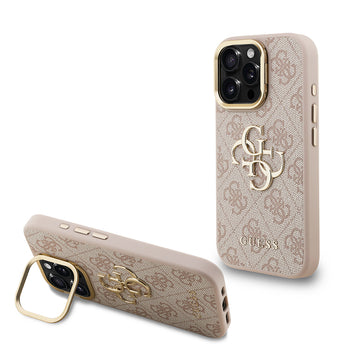 Apple iPhone 15 Pro Kılıf Guess Kamera Standlı Kapak 4G Desenli Metal 4G Logolu Pembe