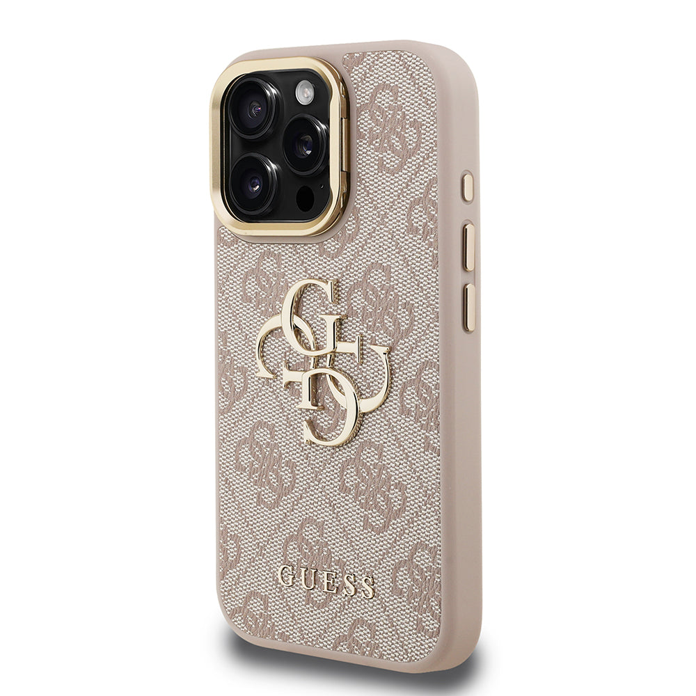 Apple iPhone 15 Pro Kılıf Guess Kamera Standlı Kapak 4G Desenli Metal 4G Logolu Pembe