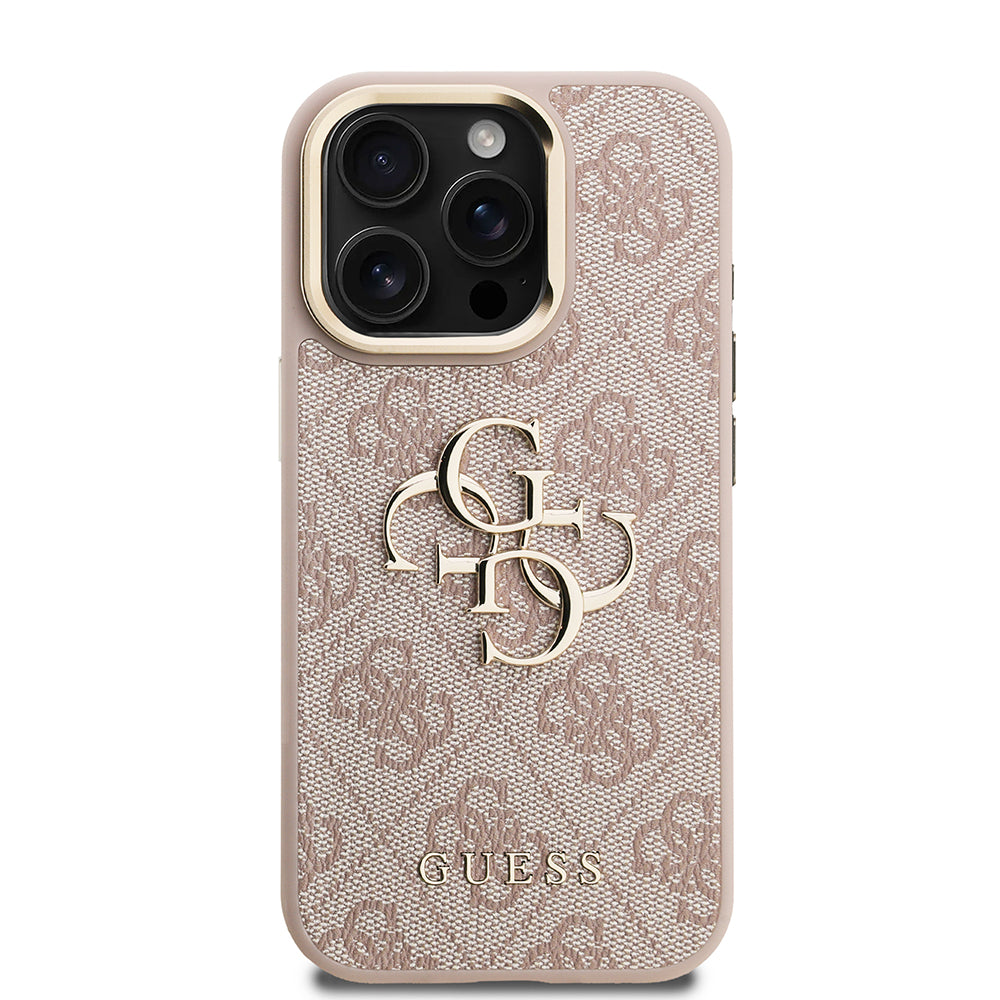 Apple iPhone 15 Pro Kılıf Guess Kamera Standlı Kapak 4G Desenli Metal 4G Logolu Pembe