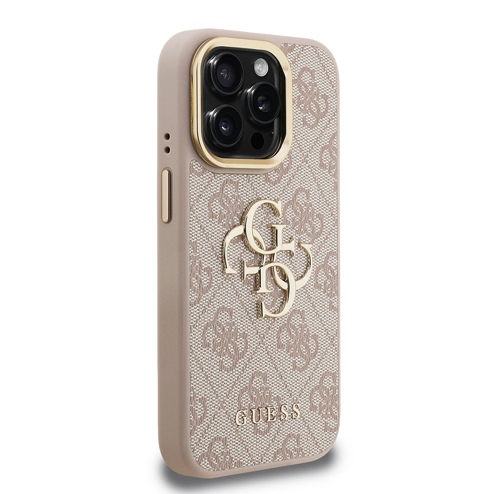 Apple iPhone 15 Pro Kılıf Guess Kamera Standlı Kapak 4G Desenli Metal 4G Logolu Pembe
