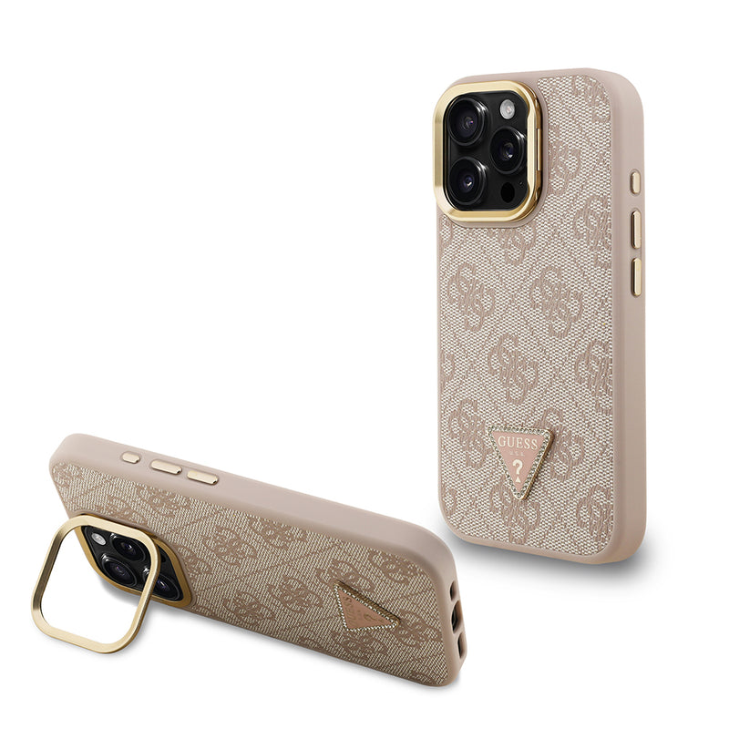 Apple iPhone 15 Pro Kılıf Guess Kamera Standlı M-Safe Özellikli Kapak Üçgen Logo 4G Desenli Pembe