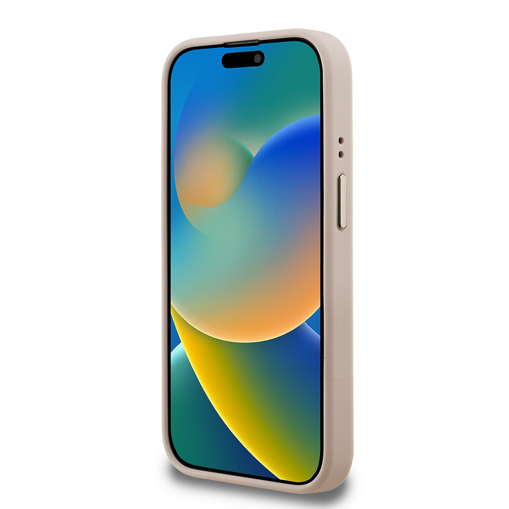 Apple iPhone 15 Pro Kılıf Guess Kamera Standlı M-Safe Özellikli Kapak Üçgen Logo 4G Desenli Pembe