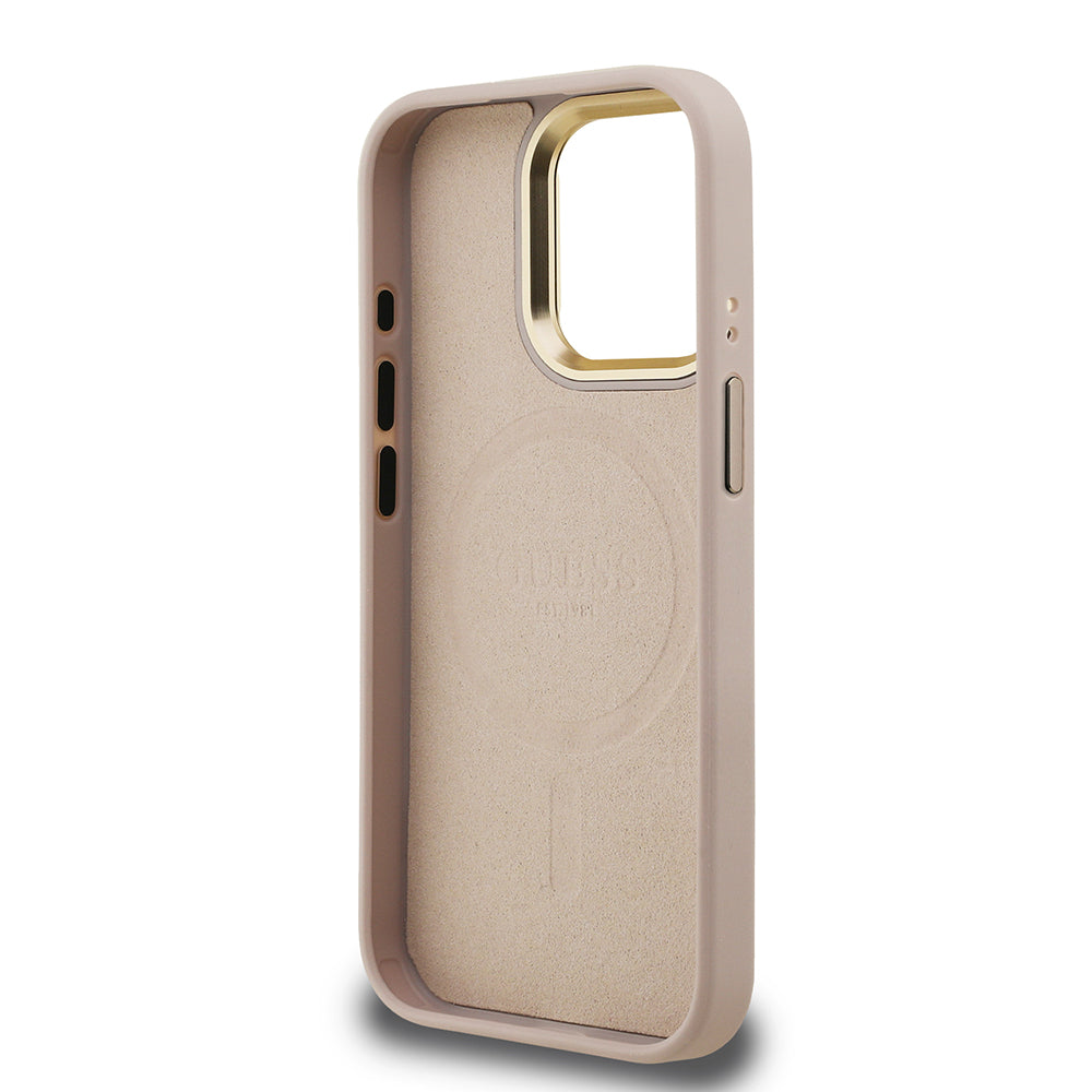 Apple iPhone 15 Pro Kılıf Guess Kamera Standlı M-Safe Özellikli Kapak Üçgen Logo 4G Desenli Pembe