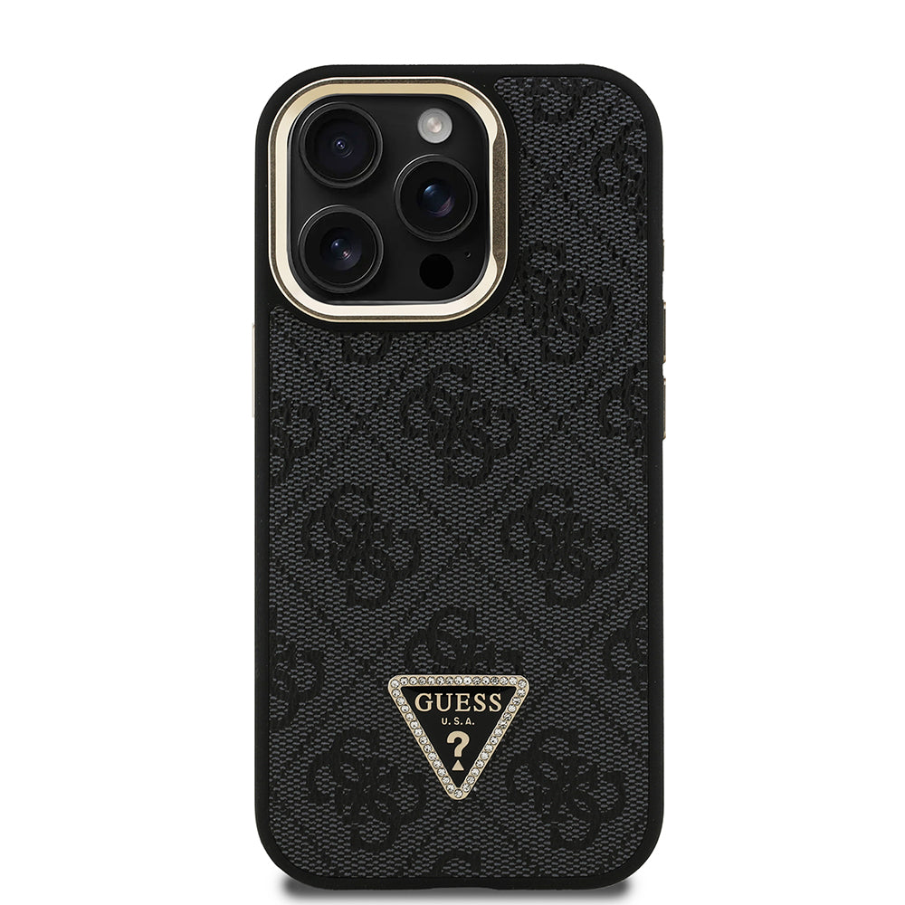 Apple iPhone 15 Pro Kılıf Guess Kamera Standlı M-Safe Özellikli Kapak Üçgen Logo 4G Desenli Siyah