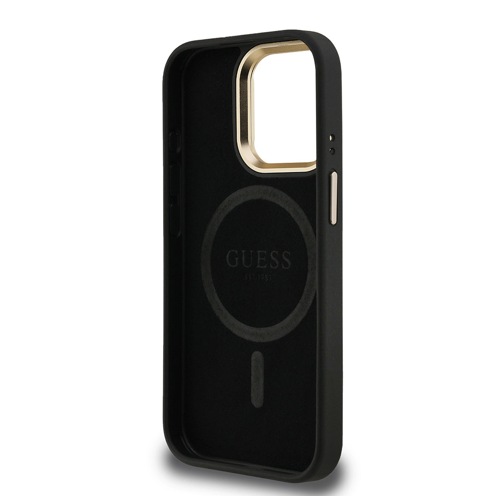 Apple iPhone 15 Pro Kılıf Guess Kamera Standlı M-Safe Özellikli Kapak Üçgen Logo 4G Desenli Siyah