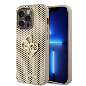 Apple iPhone 15 Pro Kılıf Guess Fileli 4G Glitter Büyük Metal Logolu Kapak Gold