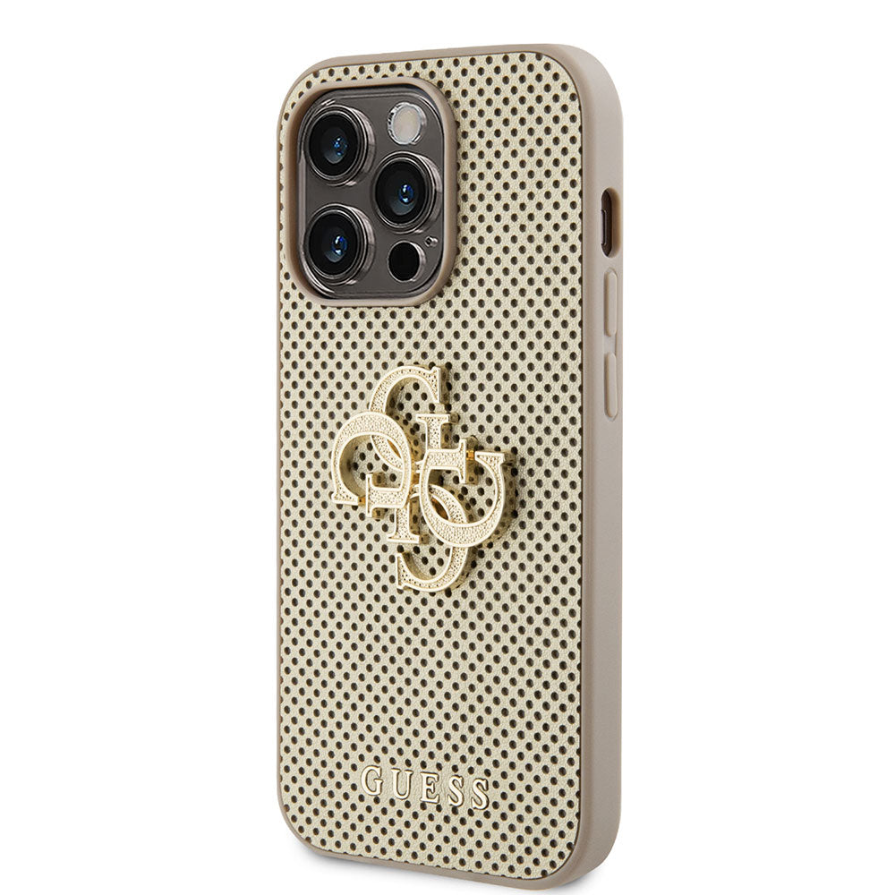 Apple iPhone 15 Pro Kılıf Guess Fileli 4G Glitter Büyük Metal Logolu Kapak Gold