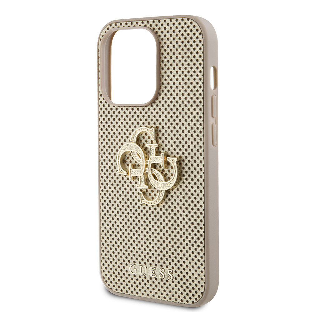 Apple iPhone 15 Pro Kılıf Guess Fileli 4G Glitter Büyük Metal Logolu Kapak Gold