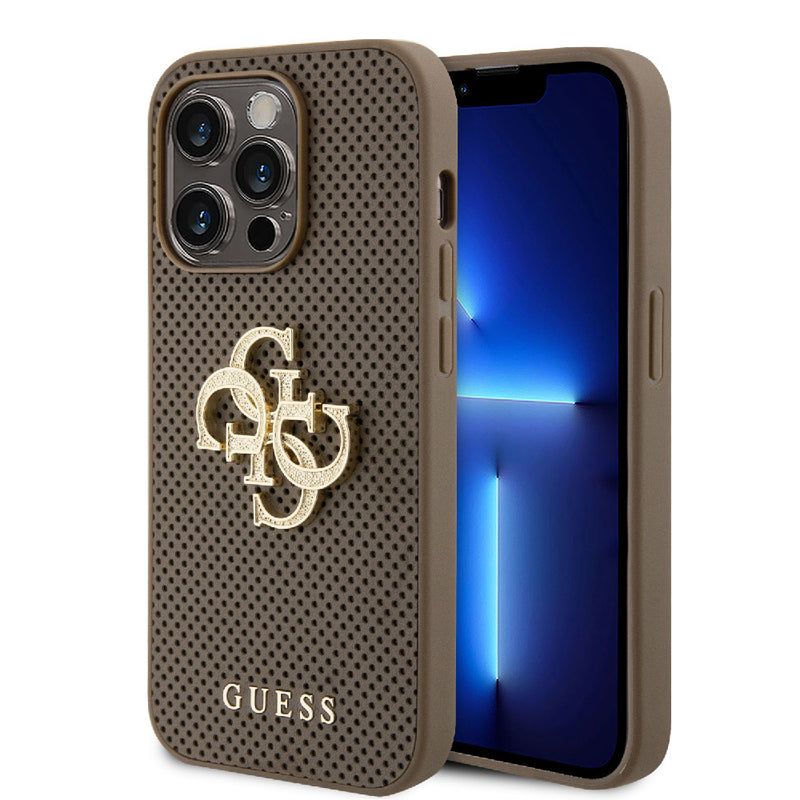 Apple iPhone 15 Pro Kılıf Guess Fileli 4G Glitter Büyük Metal Logolu Kapak Kahverengi