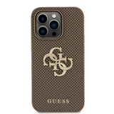 Apple iPhone 15 Pro Kılıf Guess Fileli 4G Glitter Büyük Metal Logolu Kapak Kahverengi