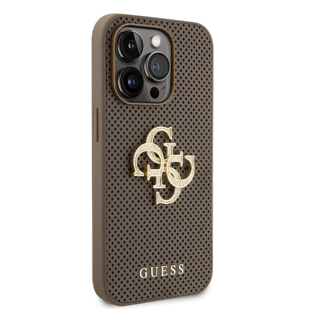 Apple iPhone 15 Pro Kılıf Guess Fileli 4G Glitter Büyük Metal Logolu Kapak Kahverengi