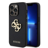 Apple iPhone 15 Pro Kılıf Guess Fileli 4G Glitter Büyük Metal Logolu Kapak Siyah
