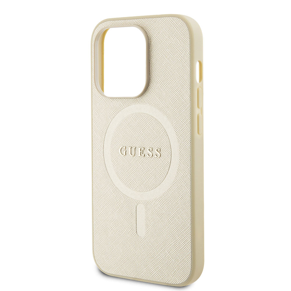 Apple iPhone 15 Pro Max Kılıf Guess Magsafe Şarj Özellikli Saffiano Kapak Bej