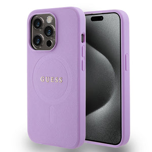 Apple iPhone 15 Pro Kılıf Guess Magsafe Şarj Özellikli Yazı Logolu Saffiano Kapak Mor