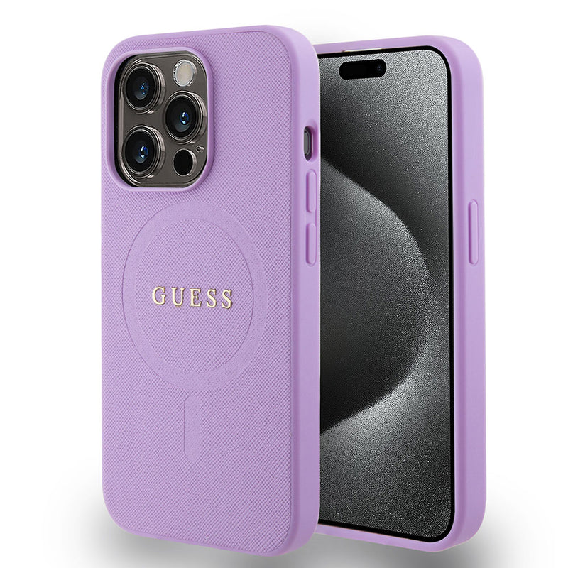 Apple iPhone 15 Pro Kılıf Guess Magsafe Şarj Özellikli Yazı Logolu Saffiano Kapak Mor