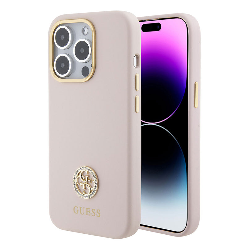 Apple iPhone 15 Pro Kılıf Guess Taşlı 4G Logolu Metal Kamera Çerçeveli Kapak Pembe