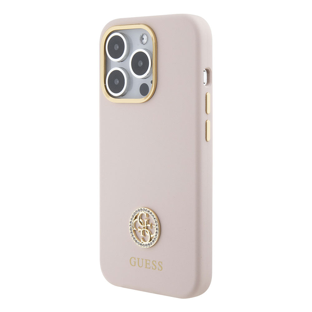 Apple iPhone 15 Pro Kılıf Guess Taşlı 4G Logolu Metal Kamera Çerçeveli Kapak Pembe