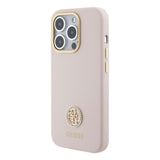 Apple iPhone 15 Pro Kılıf Guess Taşlı 4G Logolu Metal Kamera Çerçeveli Kapak Pembe