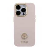 Apple iPhone 15 Pro Kılıf Guess Taşlı 4G Logolu Metal Kamera Çerçeveli Kapak Pembe