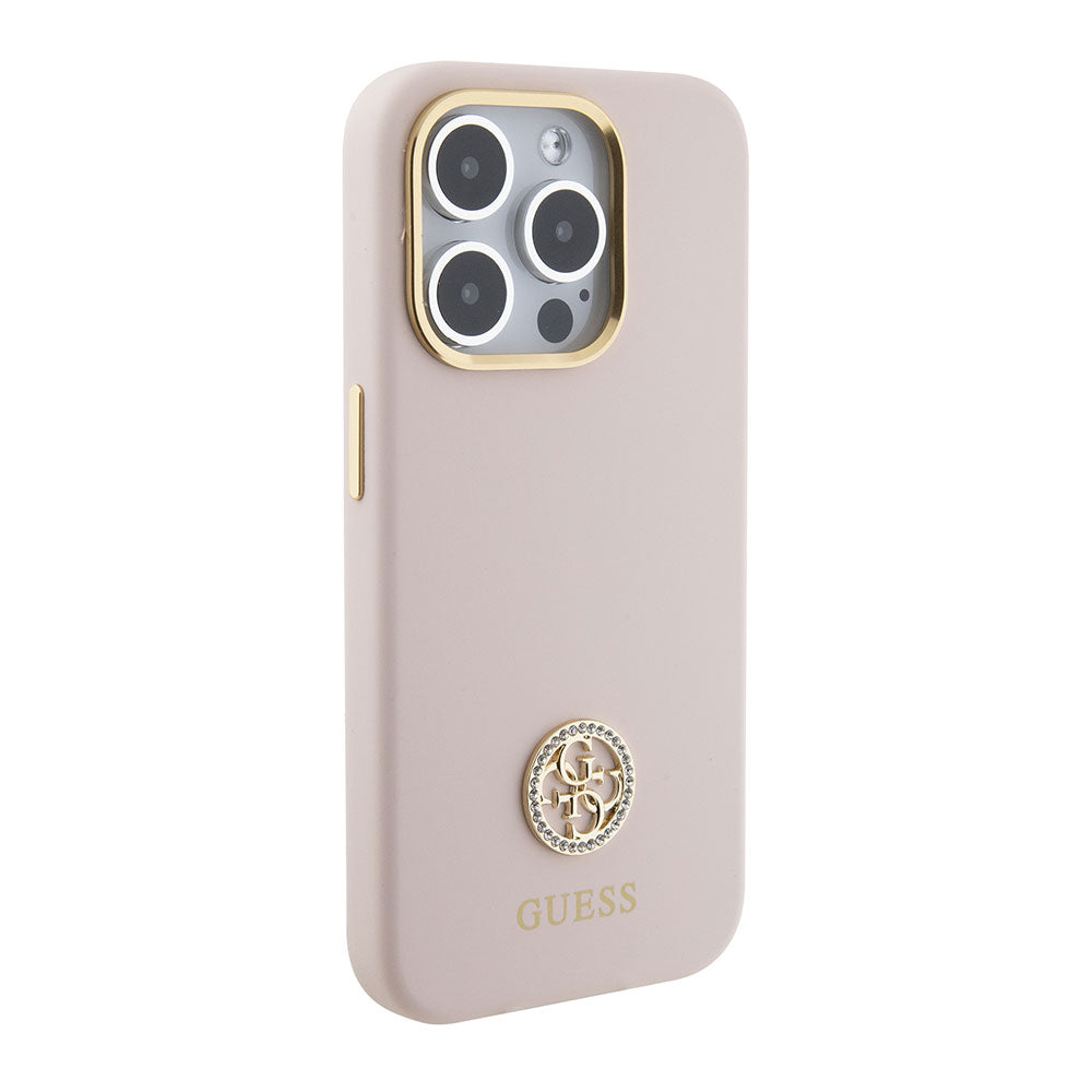 Apple iPhone 15 Pro Kılıf Guess Taşlı 4G Logolu Metal Kamera Çerçeveli Kapak Pembe