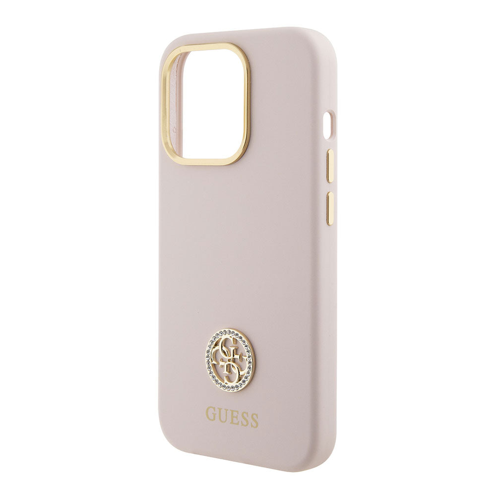 Apple iPhone 15 Pro Kılıf Guess Taşlı 4G Logolu Metal Kamera Çerçeveli Kapak Pembe