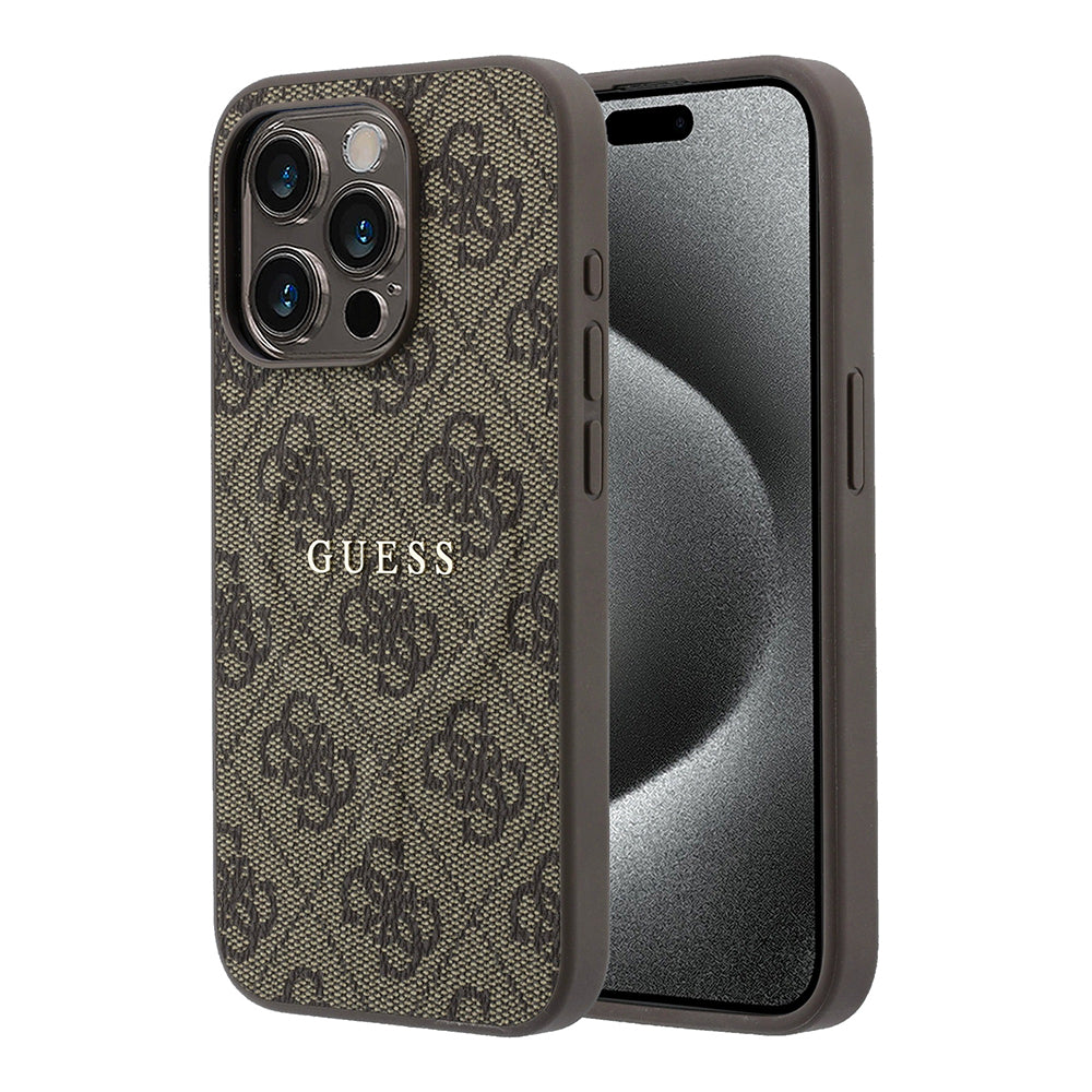 Apple iPhone 15 Pro Kılıf Guess M-safe Kabartmalı 4G Desenli Yazı Logolu Kapak Kahverengi