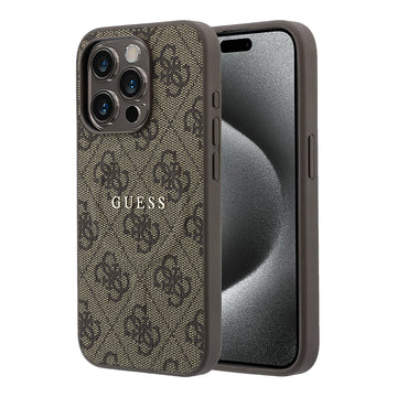 Apple iPhone 15 Pro Kılıf Guess M-safe Kabartmalı 4G Desenli Yazı Logolu Kapak Kahverengi