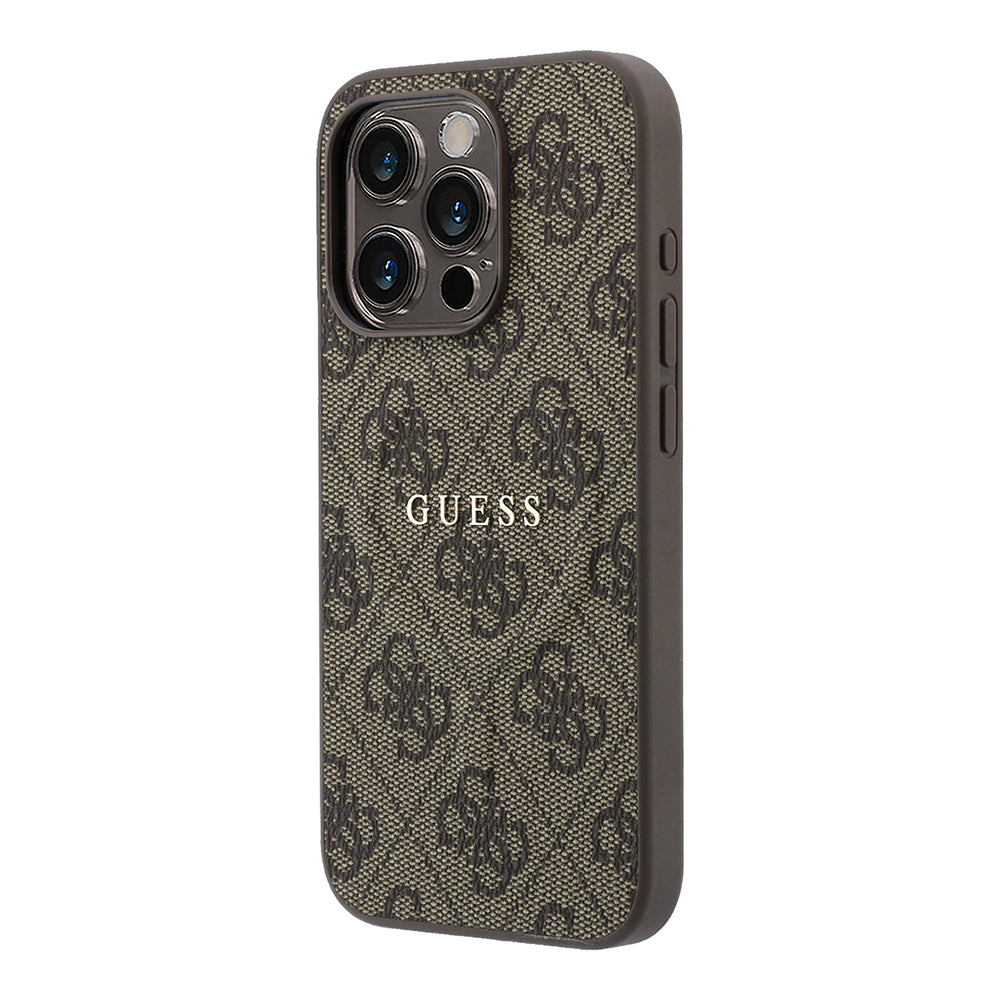 Apple iPhone 15 Pro Kılıf Guess M-safe Kabartmalı 4G Desenli Yazı Logolu Kapak Kahverengi