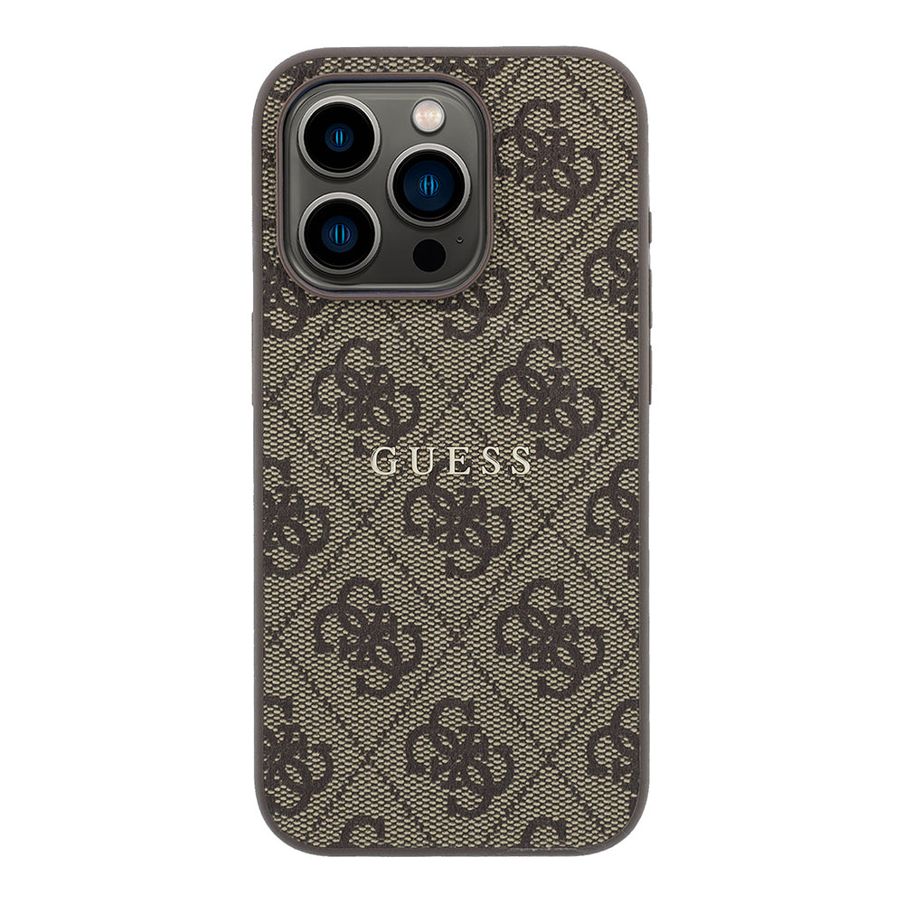 Apple iPhone 15 Pro Kılıf Guess M-safe Kabartmalı 4G Desenli Yazı Logolu Kapak Kahverengi