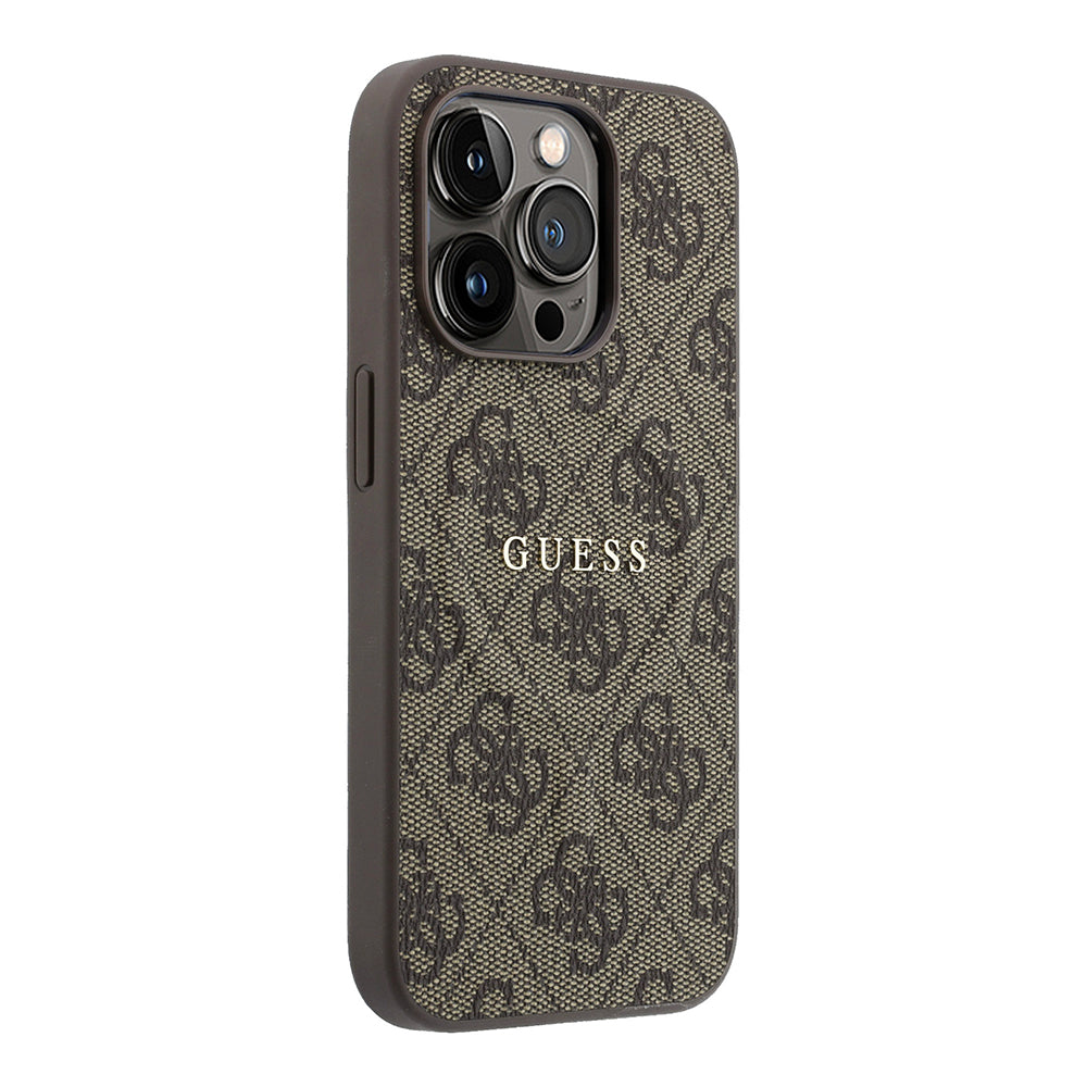Apple iPhone 15 Pro Kılıf Guess M-safe Kabartmalı 4G Desenli Yazı Logolu Kapak Kahverengi
